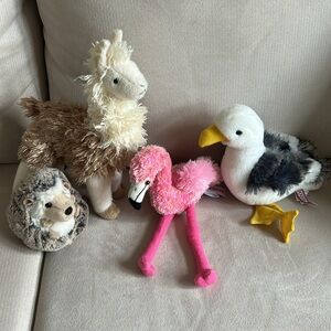 Lot of 4 Adorable Plush Toys Lama /Flamingo/hedgehog/Seagull Approx 11in to 5 in